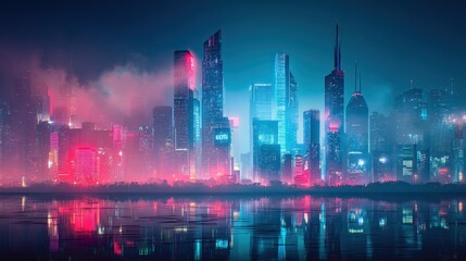 Fototapeta premium Futuristic Cityscape at Night with Neon Lights Reflecting on Water, Featuring Skyscrapers and Modern Architecture