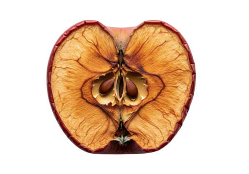 Intricate cross-section reveals textured, dried apple revealing seeds and delicate natural patterns