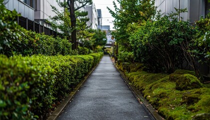 Obraz premium Find peace walking down this serene walkway lined with lush greenery in Japan, perfect for wellness, travel or mindfulness projects