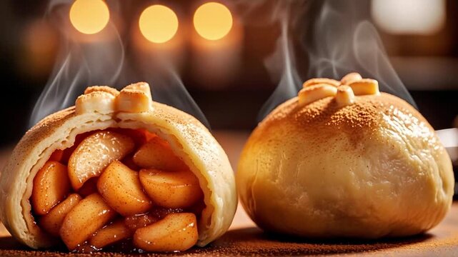 Close-up of hot apple dumplings with cinnamon filling and steam rising. Arc shot in slow motion. 4K.  
