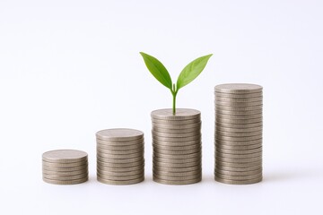 Growing Investment: Seedling Emerging from Stacked Coins Representing Financial Growth and Sustainable Returns