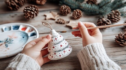 Christmas Ornament Painting: Woman's Hands Decorating a Ceramic Christmas Tree with Festive Colors and Pine Cones