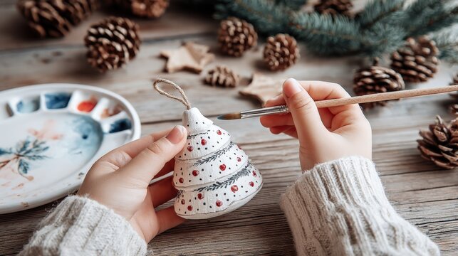 Christmas Ornament Painting: Woman's Hands Decorating a Ceramic Christmas Tree with Festive Colors and Pine Cones