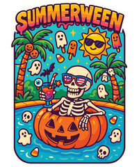 Obraz premium Summerween Skeleton Pool Party PNG | Funny Halloween Beach Design with Skeleton in Pumpkin Float, Tropical Palm Trees, Cute Ghosts, Spooky Candy, and Summer Holiday Vibes for Stickers, Shirts, Crafts