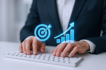 Business Strategy Optimization: Man Typing on Keyboard with Target and Growth Chart Overlay for Goal Achievement