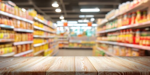 Fototapeta premium Wooden Table Top with Blurred Supermarket Aisle Background for Product Display and Mockup