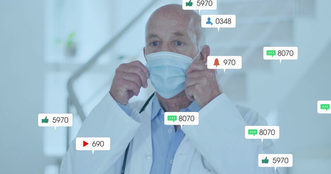Adjusting surgical mask, doctor in white coat in hospital hallway, stethoscope and alert icons - Powered by Adobe