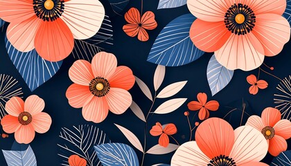 Coral Floral Pattern with Dark Background.