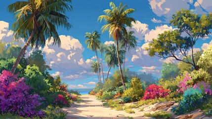 Tropical pathway through lush vegetation leading to a serene beach