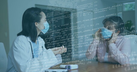 Doctor wearing white coat and mask consulting patient at home with stethoscope and code overlay