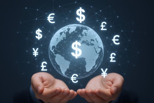 Global Finance and Investment Concept with Currency Symbols Surrounding the Earth on Digital Background