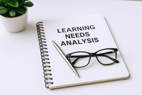 Learning Needs Analysis Concept: Spiral Notebook with Pen and Eyeglasses on White Background, Illustrating Educational Assessment