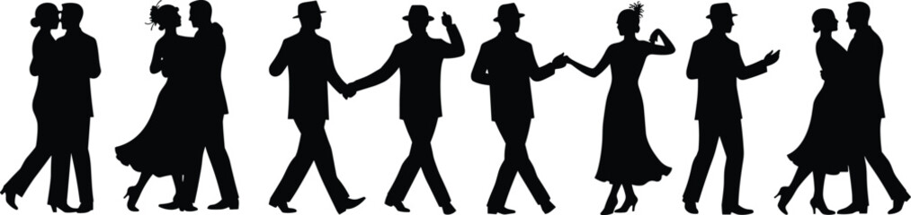 Silhouette of dancing couples, ballroom dancers, tango dance, man and woman, romantic couple, elegant movement, vintage style, black vector illustration