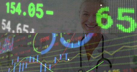 Smiling doctor overlaying stock market charts in graphic montage, with stethoscope and lab coat