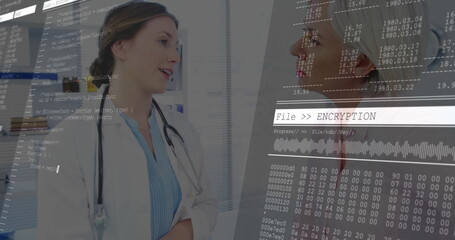 Standing doctor in lab coat and nurse exchanging data in clinic, with binary code overlay