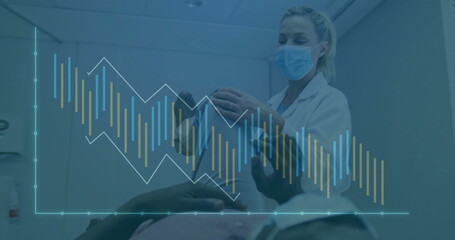 Leaning masked dental professional examining patient with dental tool in clinic, with chart overlay