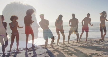 Dancing eight friends wearing bikinis and boardshorts along sunlit shoreline, silhouette overlay © vectorfusionart