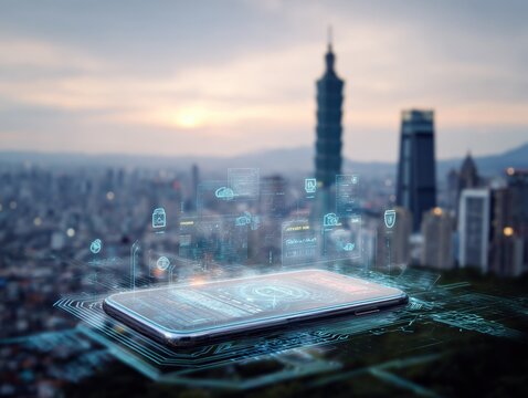 Smartphone Displaying Holographic Interface Overlooking a Modern Cityscape at Dusk, Showcasing Innovation and Connectivity