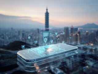Smartphone Security Interface Overlaying Cityscape: Digital Protection, Cyber Security, Mobile App, Encryption Technology, Secure Network