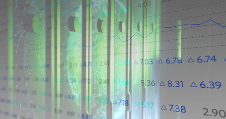 Showing graph in dashboard with bars, globe mesh, numeric delta overlays and line chart gridlines
