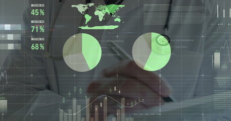 Writing doctor wearing lab coat and tie at clinic desk, showing clipboard, stethoscope, data charts
