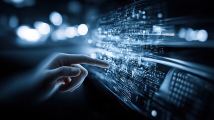 Human Hand Interacting with Digital Data Stream: Abstract Technology Interface Concept with Futuristic Blue Light