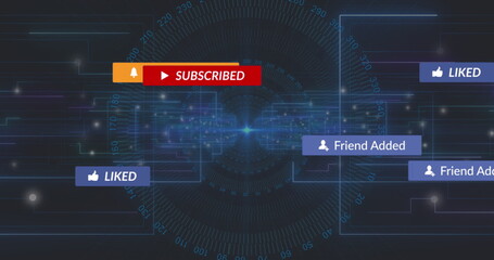 Floating red SUBSCRIBED button glowing on tech dashboard with blue LIKED tags  and  Friend Added pan