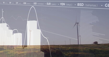 Displaying wind turbine towering over rural hill showing translucent charts with ticker, copy space