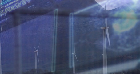 Displaying wind turbines standing on sloping hills, with digital overlay and scrolling code
