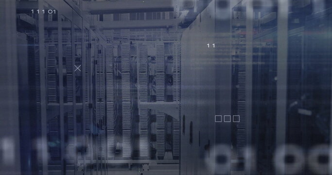 Glowing server racks lining server room aisle, with cables, blinking LED lights and digital overlay - Powered by Adobe