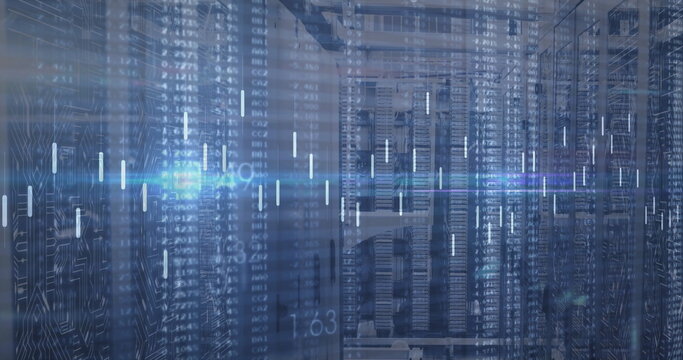 Displaying server racks with servers, switches and cables in server room, blinking LEDs and overlay