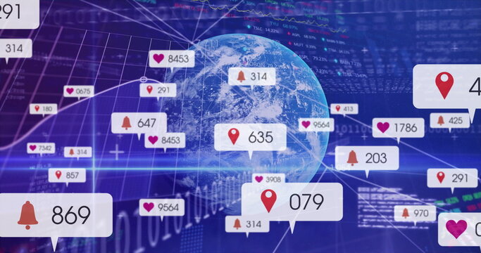 Rotating 3D Earth globe displaying network connections at center, with notification icons and lines