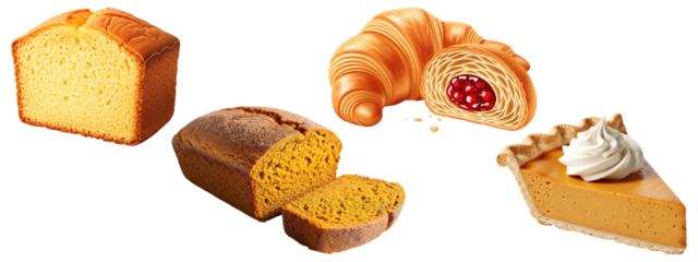 Set of autumn baked goods featuring pumpkin pie, spiced bread, pound cake, and a filled croissant.