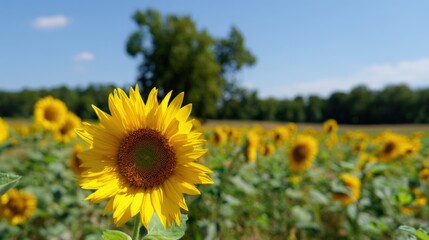Fototapeta premium Vibrant Sunflower Field under a Clear Blue Sky on a Sunny Day, showcasing agriculture and natural beauty