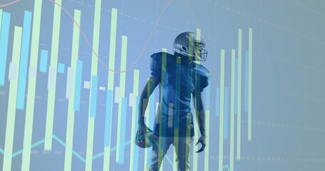 Standing helmeted player in jersey holding football in analytics hub, with bar and line graphs