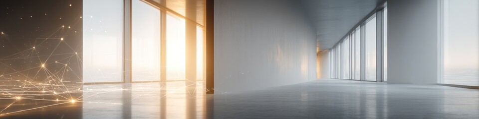 Obraz premium Contemporary Architecture Interior with Large Windows and Polished Floors Featuring Abstract Digital Pattern