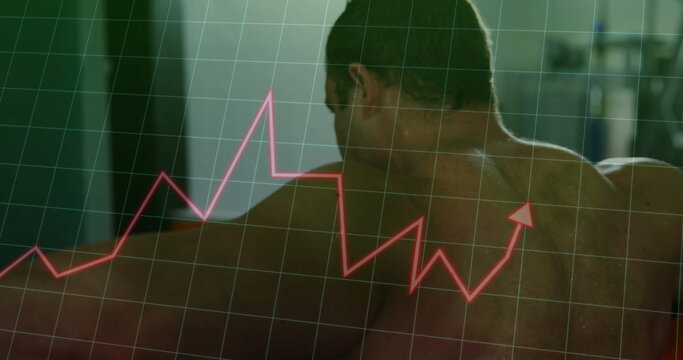 Shirtless man lifting barbell with weight plates in gym, with grid and red chart overlay