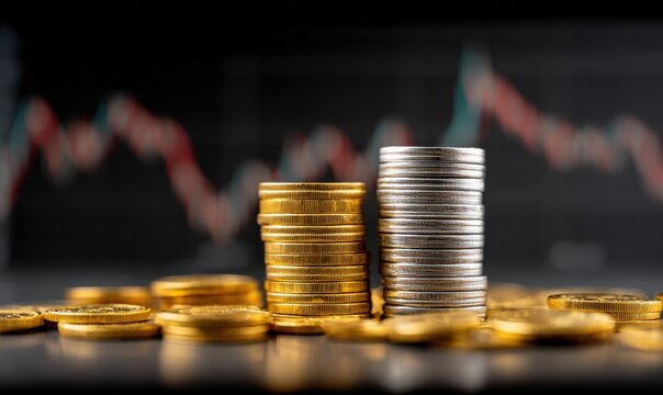 Stock Market Investment: Gold and Silver Coins Stacked with Financial Chart Background Representing Wealth and Investment