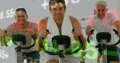 Pedaling three men on exercise bikes in fitness studio, with white towel and red-green data overlay