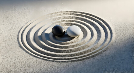 Zen garden with black and white stones creating harmony and balance in sand