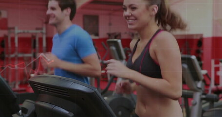 Fototapeta premium Running woman wearing sports bra and leggings on treadmill at gym, with consoles, copy space