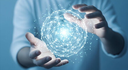 Person holding digital sphere representing global connectivity and technology integration