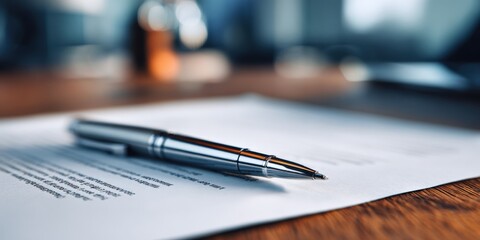 Close-up of a pen resting on a document on a wooden desk signifying agreements and contracts