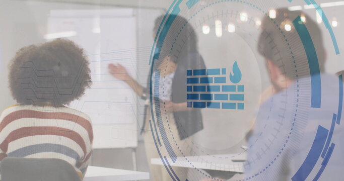 Displaying digital HUD firewall icon in conference room, with presenter next to flipchart