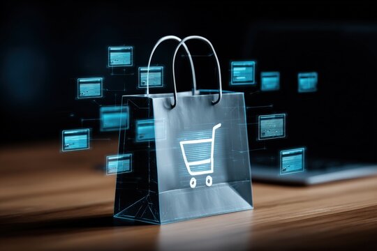 Online Shopping Bag Concept with Holographic Interface, Digital Retail Experience on Wood Surface