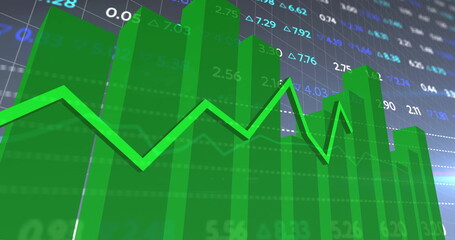 Displaying 3D translucent green bar chart and line graph on trading gridlines, with value labels
