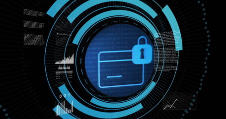 Showing blue circular interface glowing on digital HUD, with padlock icon and card outline theme