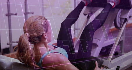 Pushing woman in turquoise sportswear doing leg press in gym, with machine and graph overlay
