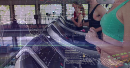 Running gym-goer wearing green sports bra and leggings using treadmill in cardio area, data overlay