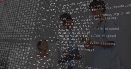 Doctor in lab coat explaining tablet scan to patient in exam room, with Nmap console overlay